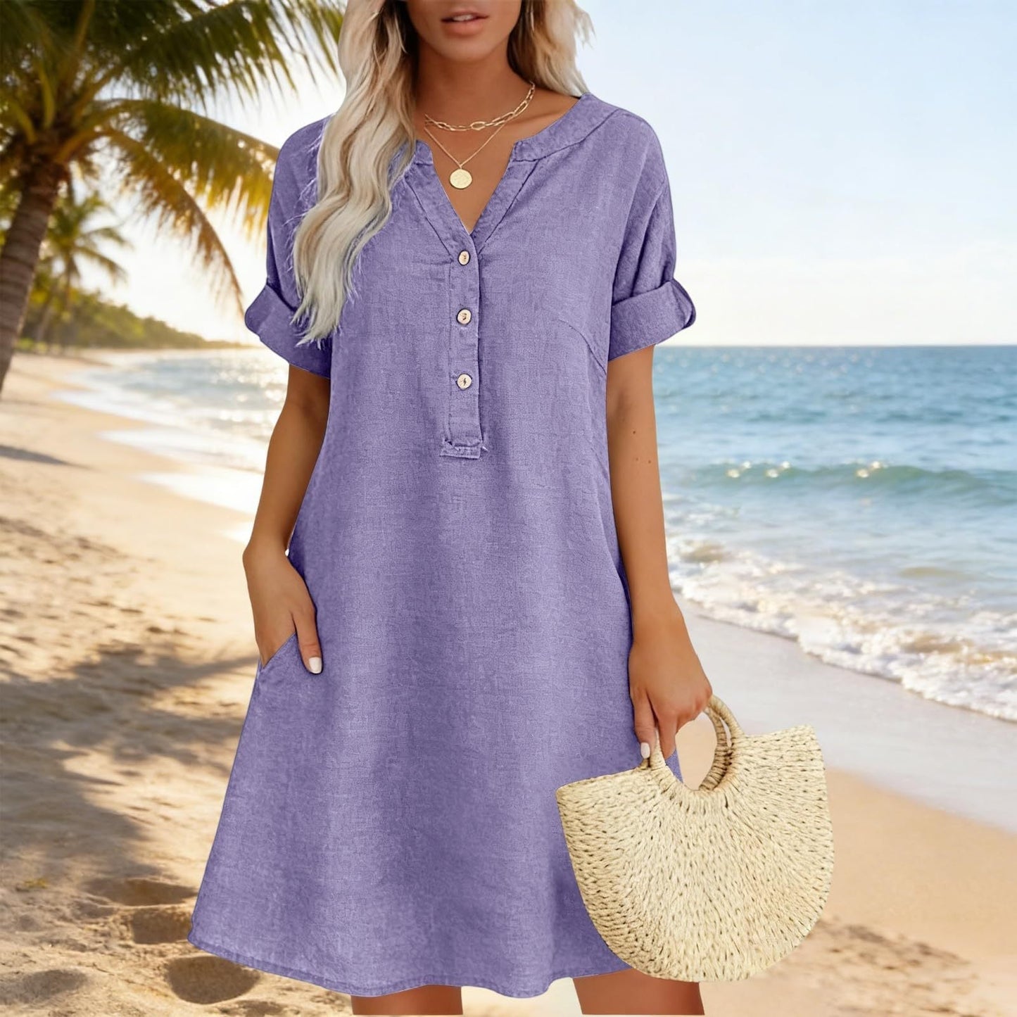 🏖️50% RABATT!👗Damen V-Ausschnitt Tunikakleid – lockere Passform, Taschen & atmungsaktiv