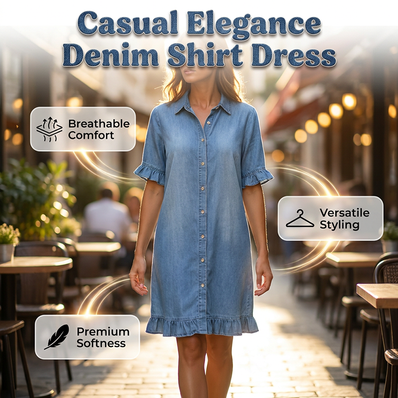 👗 Locker geschnittenes Jeans-Hemdkleid mit Rüschen💙 Einfach anziehen und sofort perfekt aussehen 💙