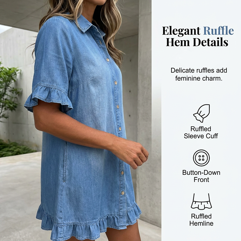 👗 Locker geschnittenes Jeans-Hemdkleid mit Rüschen💙 Einfach anziehen und sofort perfekt aussehen 💙