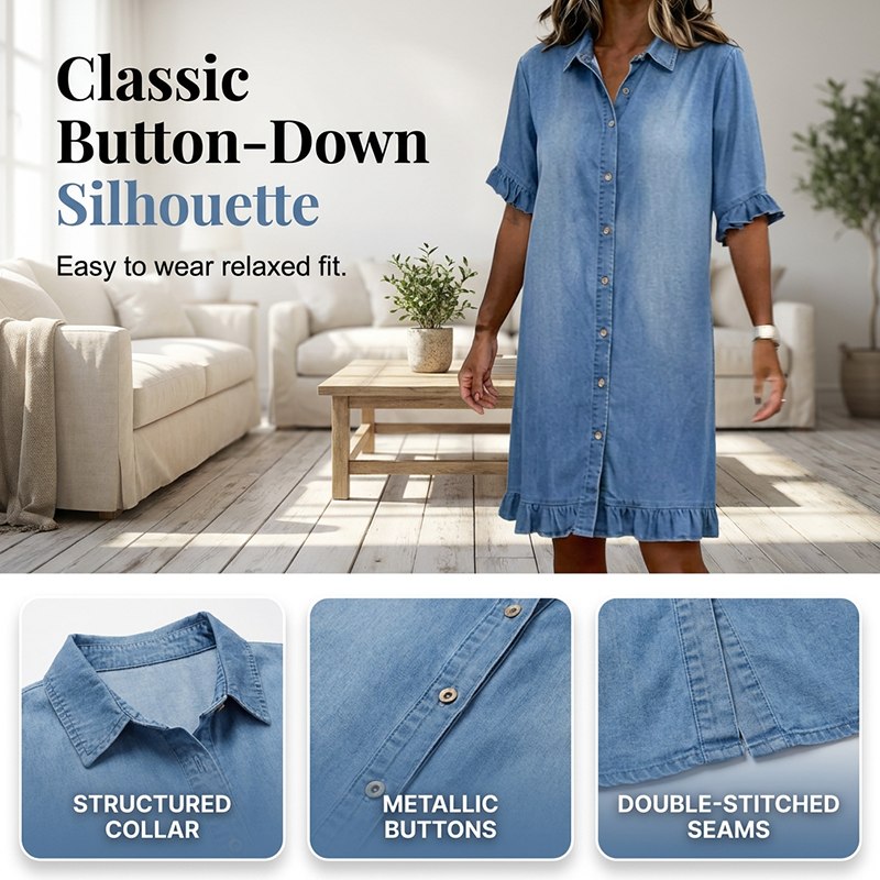 👗 Locker geschnittenes Jeans-Hemdkleid mit Rüschen💙 Einfach anziehen und sofort perfekt aussehen 💙