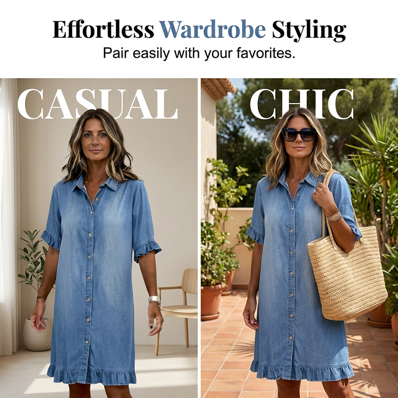 👗 Locker geschnittenes Jeans-Hemdkleid mit Rüschen💙 Einfach anziehen und sofort perfekt aussehen 💙