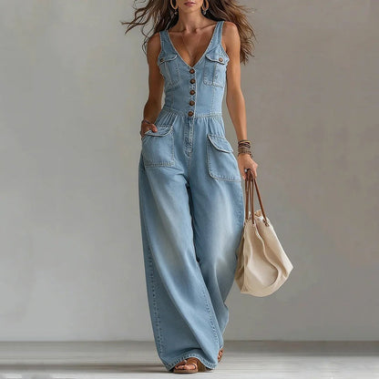 ⏳Zeitlich begrenztes Angebot⏰Damen-Jeans-Jumpsuit – Ärmellos, V-Ausschnitt, weites Bein 💫