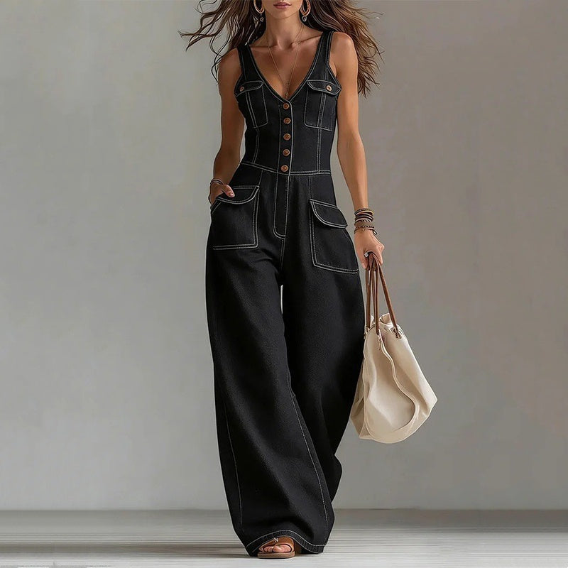 ⏳Zeitlich begrenztes Angebot⏰Damen-Jeans-Jumpsuit – Ärmellos, V-Ausschnitt, weites Bein 💫