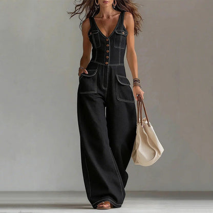 ⏳Zeitlich begrenztes Angebot⏰Damen-Jeans-Jumpsuit – Ärmellos, V-Ausschnitt, weites Bein 💫