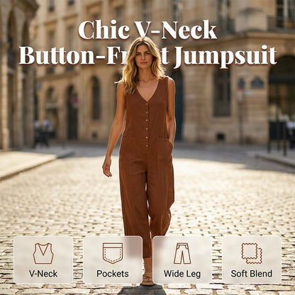 💛Women's Sleeveless V-Neck Button-Front Jumpsuit - Easy, Stylish & Made For All-day Comfort👗