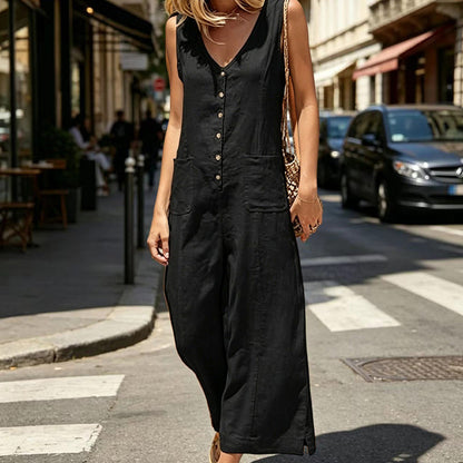 💛Women's Sleeveless V-Neck Button-Front Jumpsuit - Easy, Stylish & Made For All-day Comfort👗