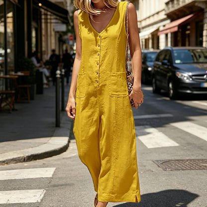 💛Women's Sleeveless V-Neck Button-Front Jumpsuit - Easy, Stylish & Made For All-day Comfort👗