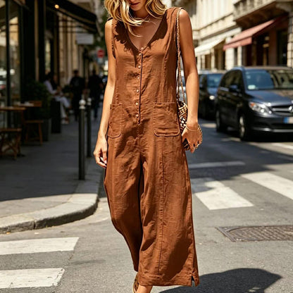 💛Women's Sleeveless V-Neck Button-Front Jumpsuit - Easy, Stylish & Made For All-day Comfort👗