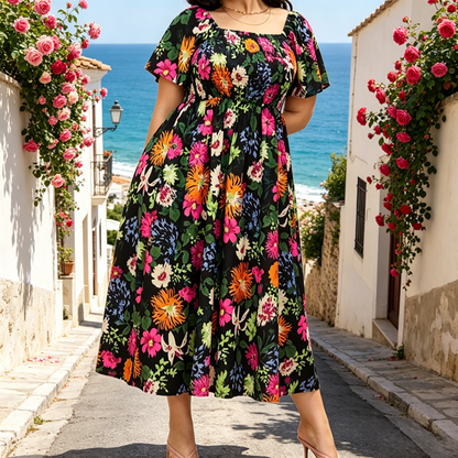🔥Last day: 50% off!⏰🌸👗 Floral dress with ruffles, a square neckline, and pockets🏖️