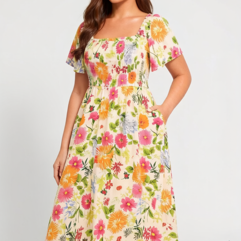 🔥Last day: 50% off!⏰🌸👗 Floral dress with ruffles, a square neckline, and pockets🏖️