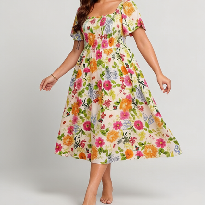 🔥Last day: 50% off!⏰🌸👗 Floral dress with ruffles, a square neckline, and pockets🏖️