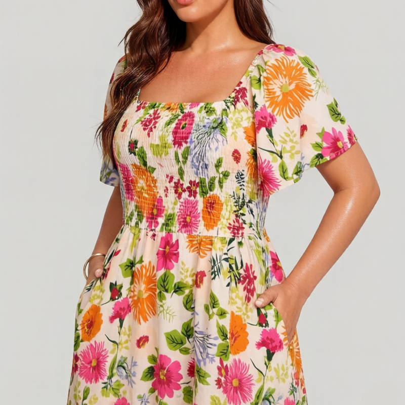 🔥Last day: 50% off!⏰🌸👗 Floral dress with ruffles, a square neckline, and pockets🏖️