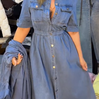 Women's Blue Slim-Fit Collared Button-Up Denim Dress