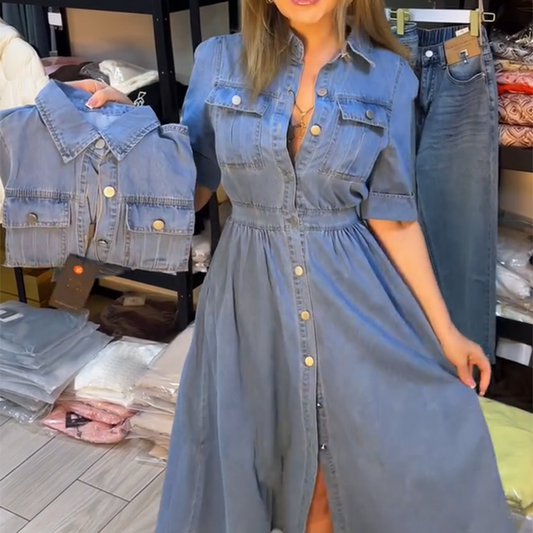 Women's Blue Slim-Fit Collared Button-Up Denim Dress