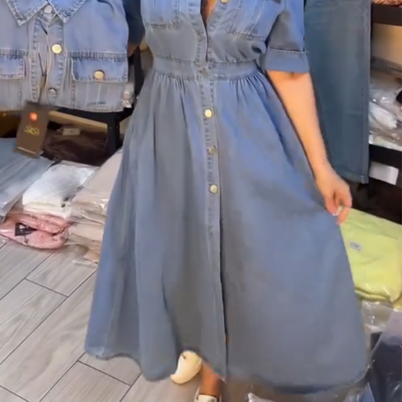 Women's Blue Slim-Fit Collared Button-Up Denim Dress