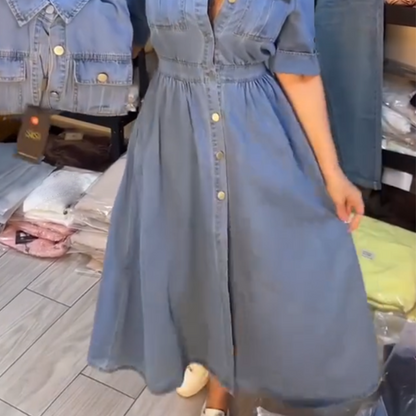 Women's Blue Slim-Fit Collared Button-Up Denim Dress