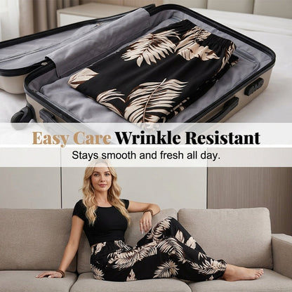 ✨Zeitlich begrenzter 50 % Rabatt – Damen-Hosen mit Blattmuster, Kordelzug und weitem Bein