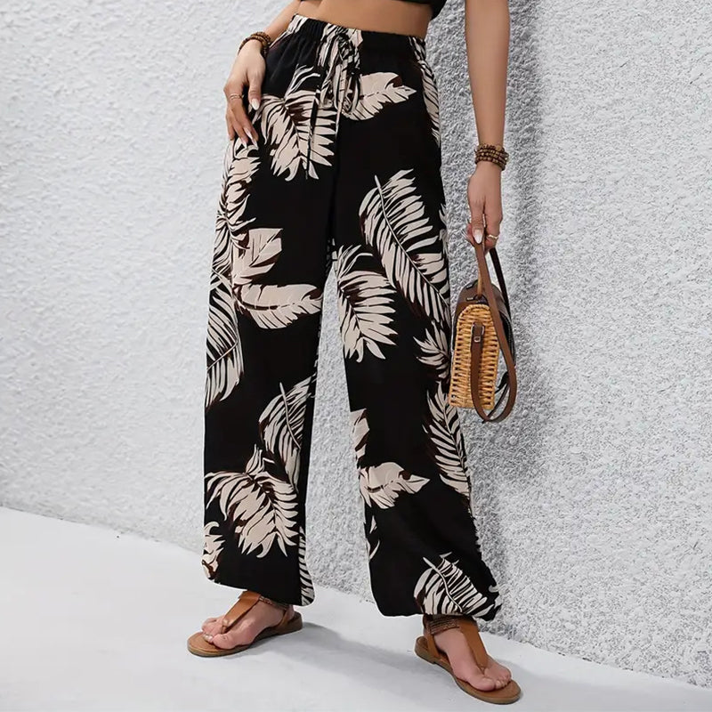 ✨Zeitlich begrenzter 50 % Rabatt – Damen-Hosen mit Blattmuster, Kordelzug und weitem Bein