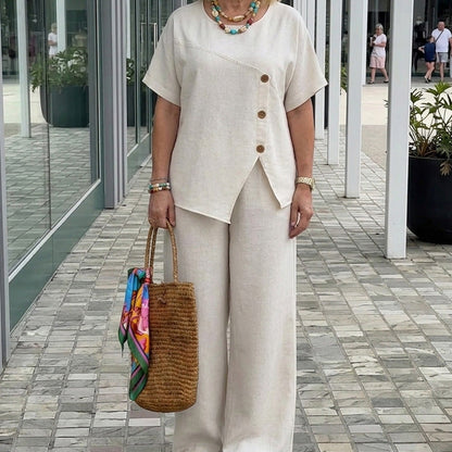👕 LIMITED-TIME 50% OFF! ✨ Button Detail Top & Pants Set – Linen Blend, Wide-Leg, Relaxed 🍂