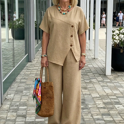 👕 LIMITED-TIME 50% OFF! ✨ Button Detail Top & Pants Set – Linen Blend, Wide-Leg, Relaxed 🍂