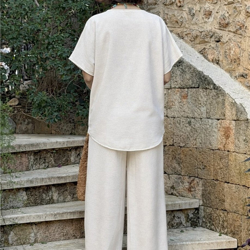 👕 LIMITED-TIME 50% OFF! ✨ Button Detail Top & Pants Set – Linen Blend, Wide-Leg, Relaxed 🍂