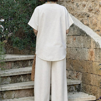 👕 LIMITED-TIME 50% OFF! ✨ Button Detail Top & Pants Set – Linen Blend, Wide-Leg, Relaxed 🍂