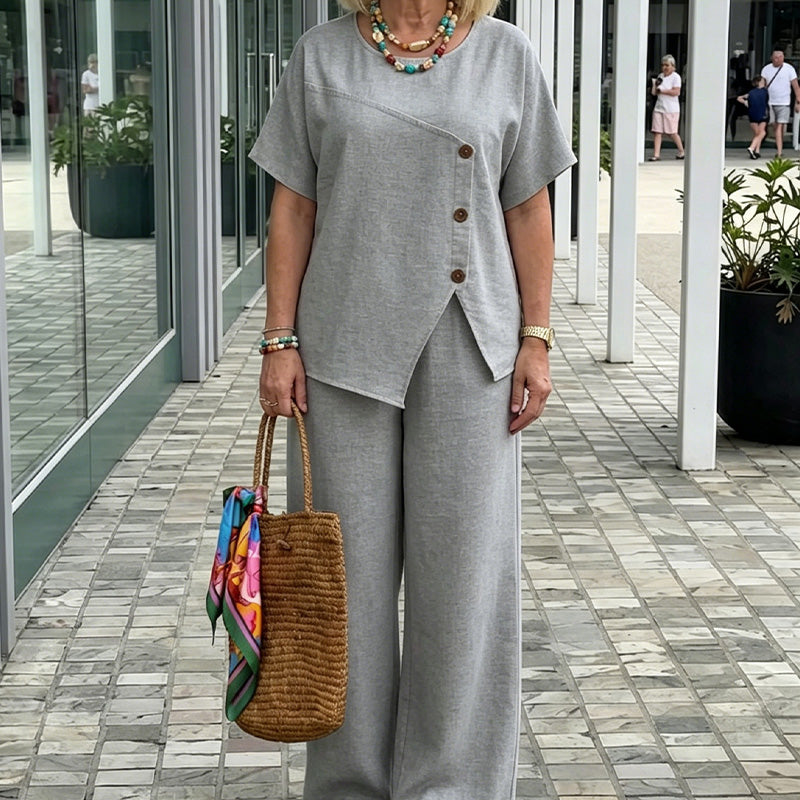 👕 LIMITED-TIME 50% OFF! ✨ Button Detail Top & Pants Set – Linen Blend, Wide-Leg, Relaxed 🍂