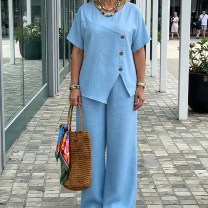👕 LIMITED-TIME 50% OFF! ✨ Button Detail Top & Pants Set – Linen Blend, Wide-Leg, Relaxed 🍂