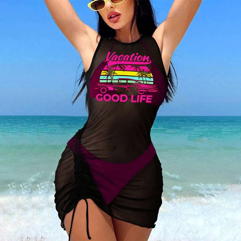☀️3-teiliges Bikini-Set mit grafischem Strandüberwurf👙Sommerstil, Komfort & Selbstvertrauen – alles in einem!🌴