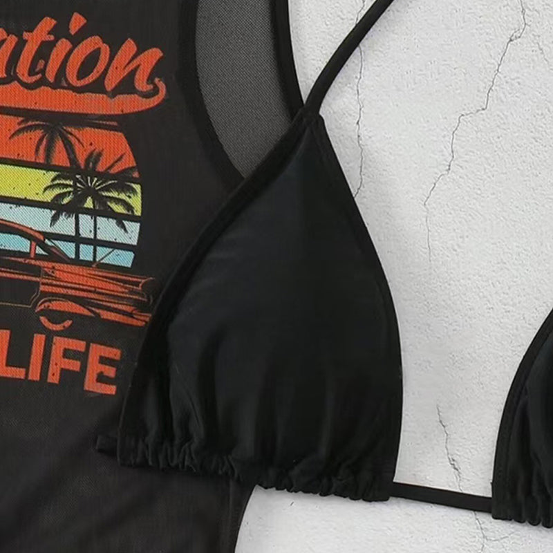 ☀️3-teiliges Bikini-Set mit grafischem Strandüberwurf👙Sommerstil, Komfort & Selbstvertrauen – alles in einem!🌴