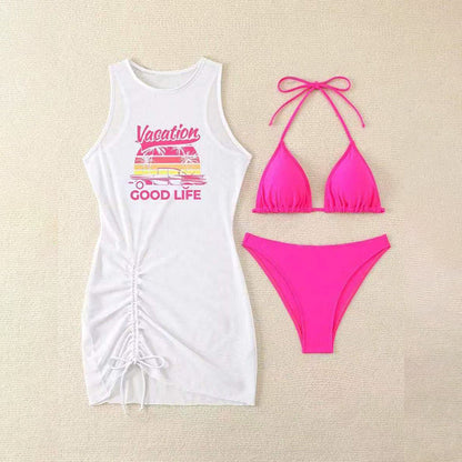 ☀️3-teiliges Bikini-Set mit grafischem Strandüberwurf👙Sommerstil, Komfort & Selbstvertrauen – alles in einem!🌴