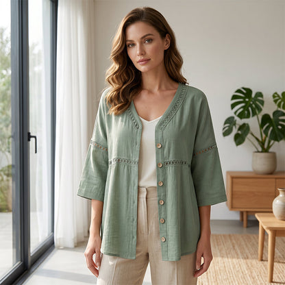 👚Women's V-Neck Lace Trim Button-Down Blouse– Elegant Everyday Top✨