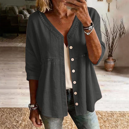 👚Women's V-Neck Lace Trim Button-Down Blouse– Elegant Everyday Top✨