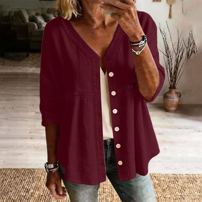 👚Women's V-Neck Lace Trim Button-Down Blouse– Elegant Everyday Top✨