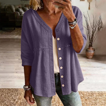 👚Women's V-Neck Lace Trim Button-Down Blouse– Elegant Everyday Top✨