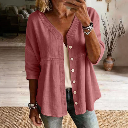 👚Women's V-Neck Lace Trim Button-Down Blouse– Elegant Everyday Top✨