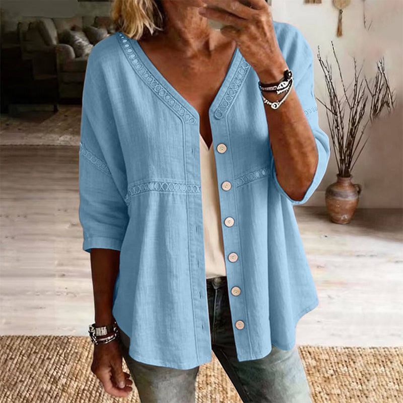 👚Women's V-Neck Lace Trim Button-Down Blouse– Elegant Everyday Top✨