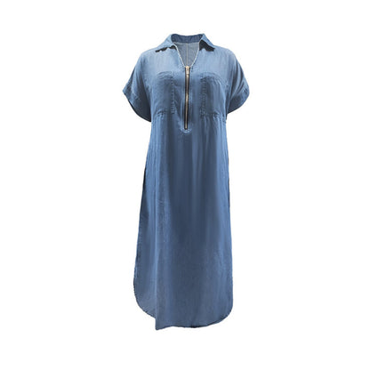 👗 Stay Stylish & Comfortable All Day - Women's V-Neck Zip-Up Denim Maxi Dress