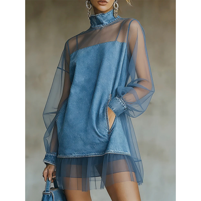 💙 Laternenärmel Kunstkragen Jeansrock – transparent, schick & atemberaubend ✨