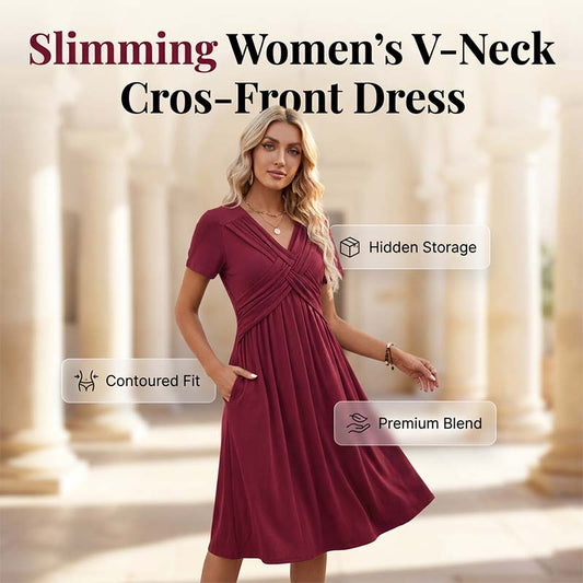 🔥 Limited-Time Sale – Up to 50% OFF✨Women's V-Neck Cross-Front Pleated Dress