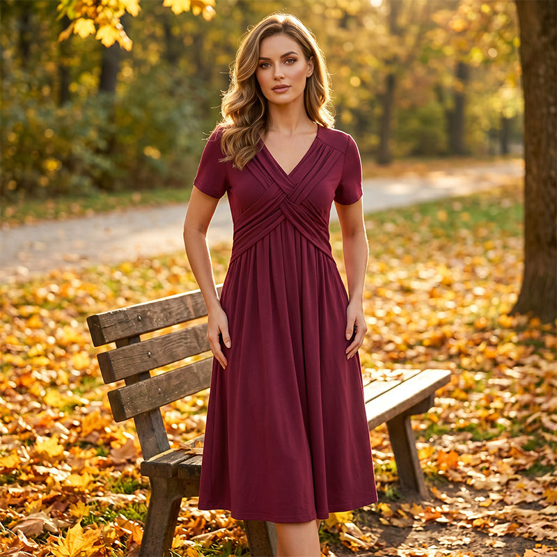 🔥 Zeitlich begrenzter Verkauf – Bis zu 50 % RABATT✨Damen V-Ausschnitt Wickelkleid mit Falten
