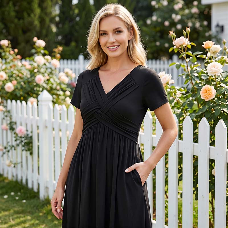 🔥 Zeitlich begrenzter Verkauf – Bis zu 50 % RABATT✨Damen V-Ausschnitt Wickelkleid mit Falten
