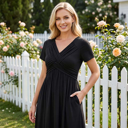 🔥 Zeitlich begrenzter Verkauf – Bis zu 50 % RABATT✨Damen V-Ausschnitt Wickelkleid mit Falten