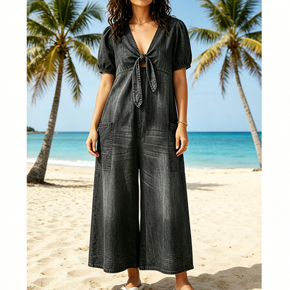 ☀️Effortless Summer Chic – Loose Fit V Neck Tie Front Wide Leg Romper for Women🌴