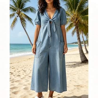 ☀️Effortless Summer Chic – Loose Fit V Neck Tie Front Wide Leg Romper for Women🌴
