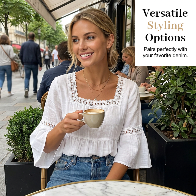 👚 Elegante Sommerbluse mit eckigem Ausschnitt – Atmungsaktives Oberteil mit ausgestellten Ärmeln 🌿