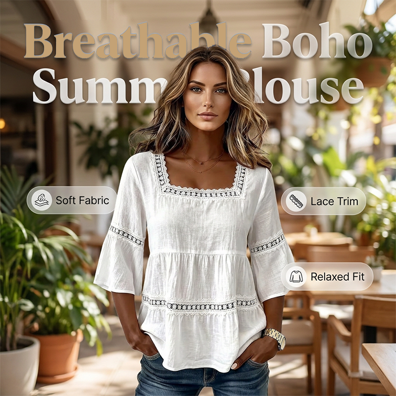 👚 Elegante Sommerbluse mit eckigem Ausschnitt – Atmungsaktives Oberteil mit ausgestellten Ärmeln 🌿