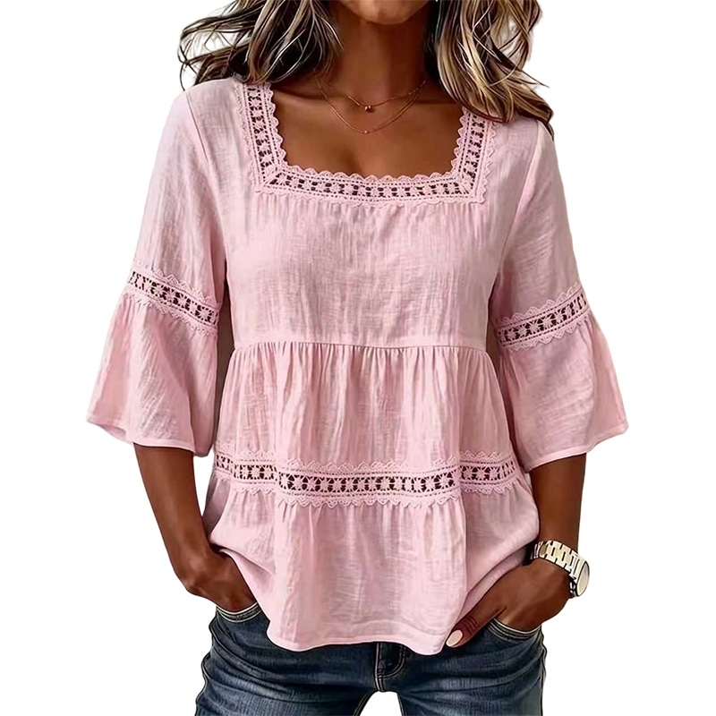 👚 Elegante Sommerbluse mit eckigem Ausschnitt – Atmungsaktives Oberteil mit ausgestellten Ärmeln 🌿