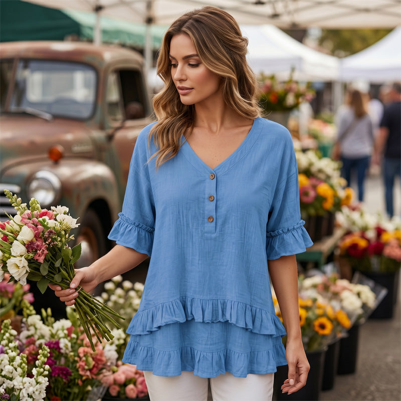 💕Women's V-Neck Top with Ruffle Hem - The Flattering You'll Reach For Every Day✨
