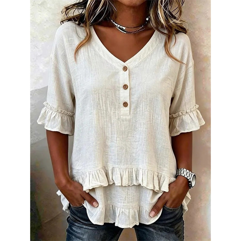 💕Women's V-Neck Top with Ruffle Hem - The Flattering You'll Reach For Every Day✨